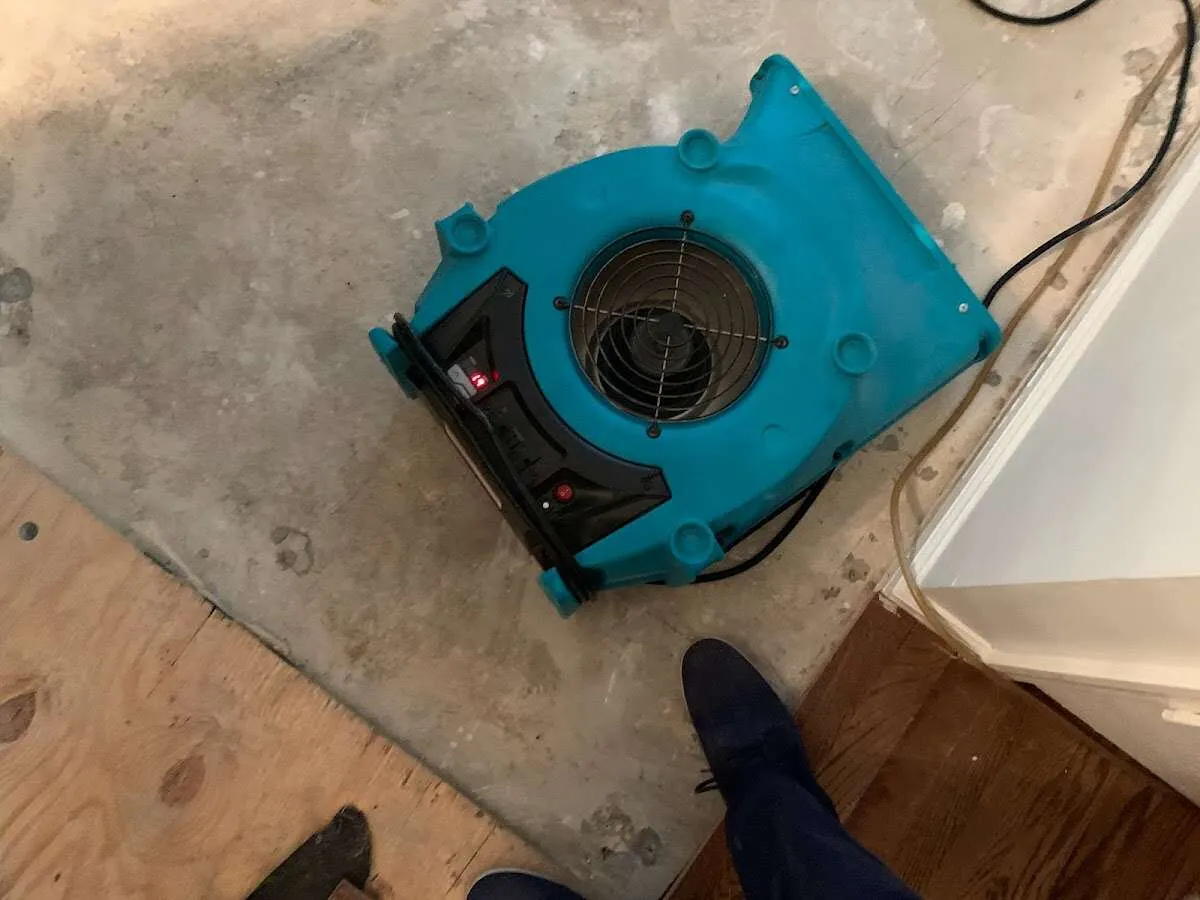 Air mover drying subfloor during Leak Detection & Repair in Chestnut Ridge